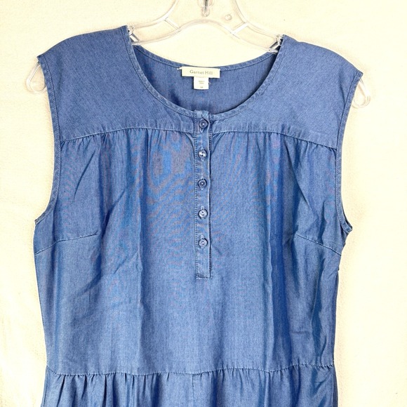 Garnet Hill Dress 4 Blue Chambray Sleeveless Pockets Sundress Travel Coastal - Picture 2 of 14